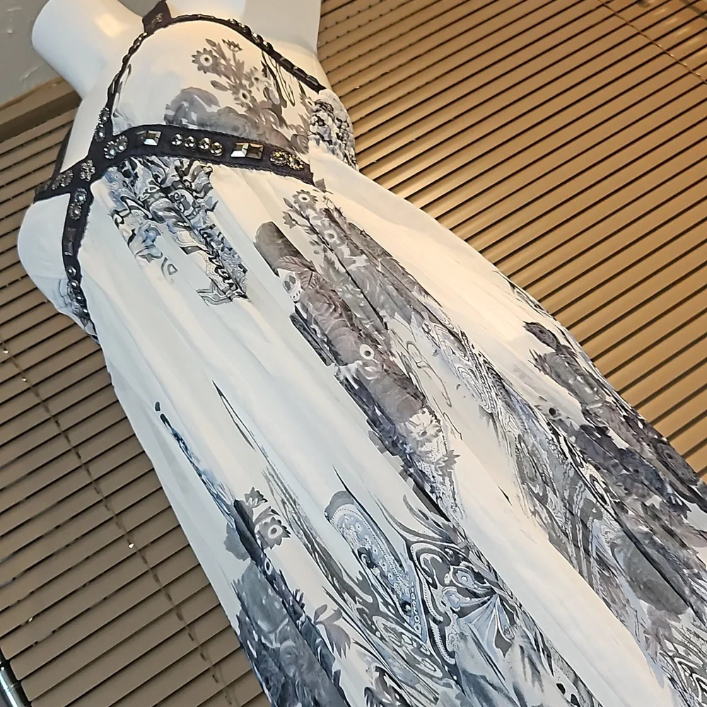 Versace style full-length maxi summer dress gown halterneck elasticated back - Picture 12 of 16